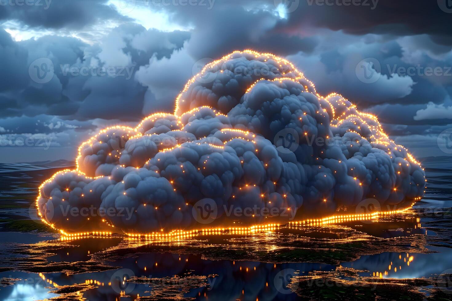 Glowing Digital Cloud Illuminated Tech Symbol Over Reflective Landscape photo
