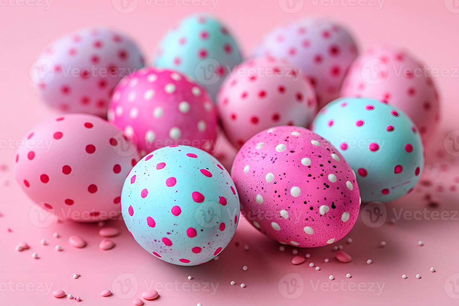 Colorful Polka Dot Easter Eggs on Pink Background for Festive Spring Decor photo