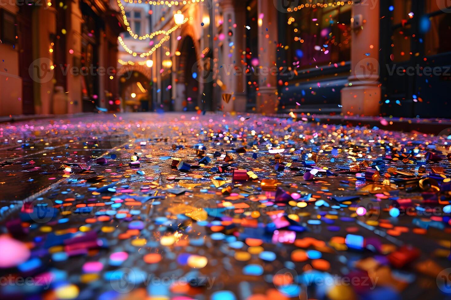 Vibrant Street Festival with Colorful Confetti and Illuminated Decor photo