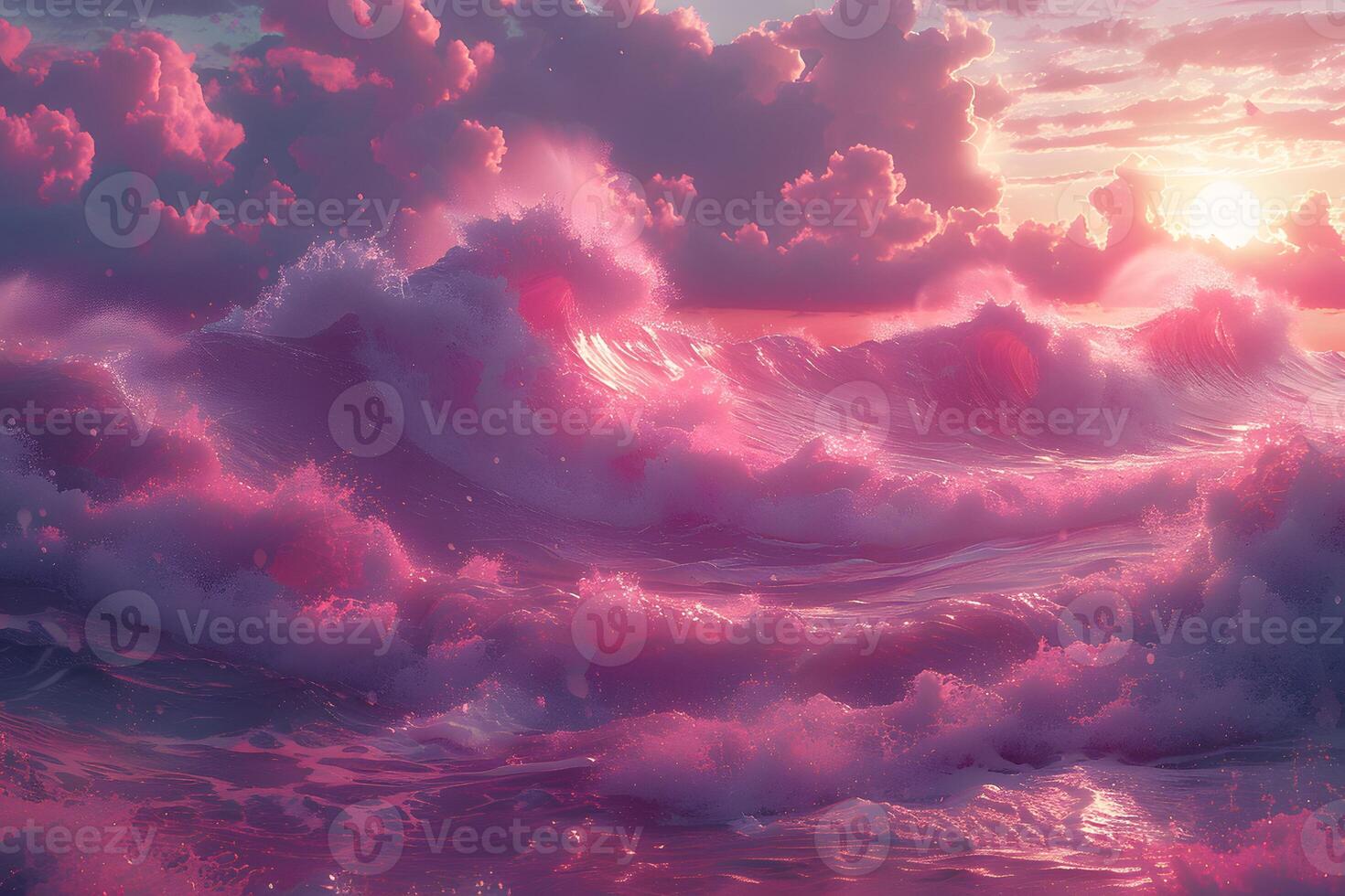 Surreal Pink Ocean Waves at Sunset for Dreamy Artistic Projects and Decor photo
