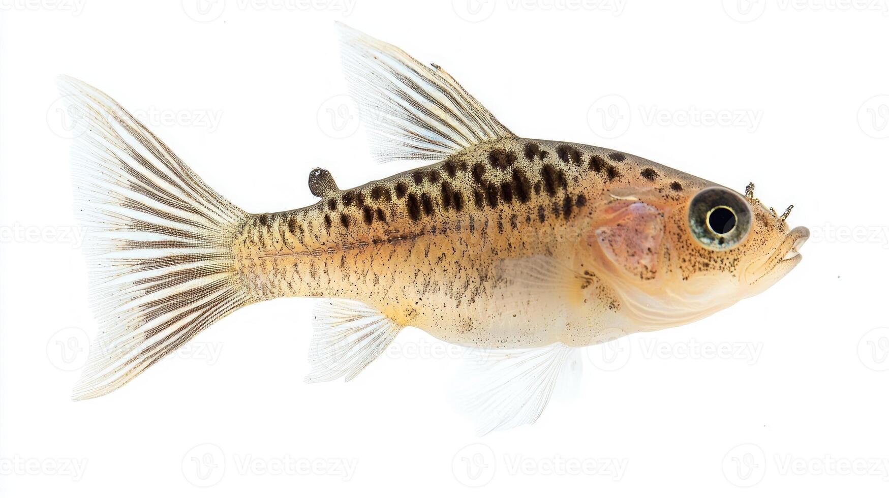 Pygmy Corydoras glides gracefully in clear water displaying its distinct spots and vibrant coloration against the bright white backdrop highlighting its beauty. photo