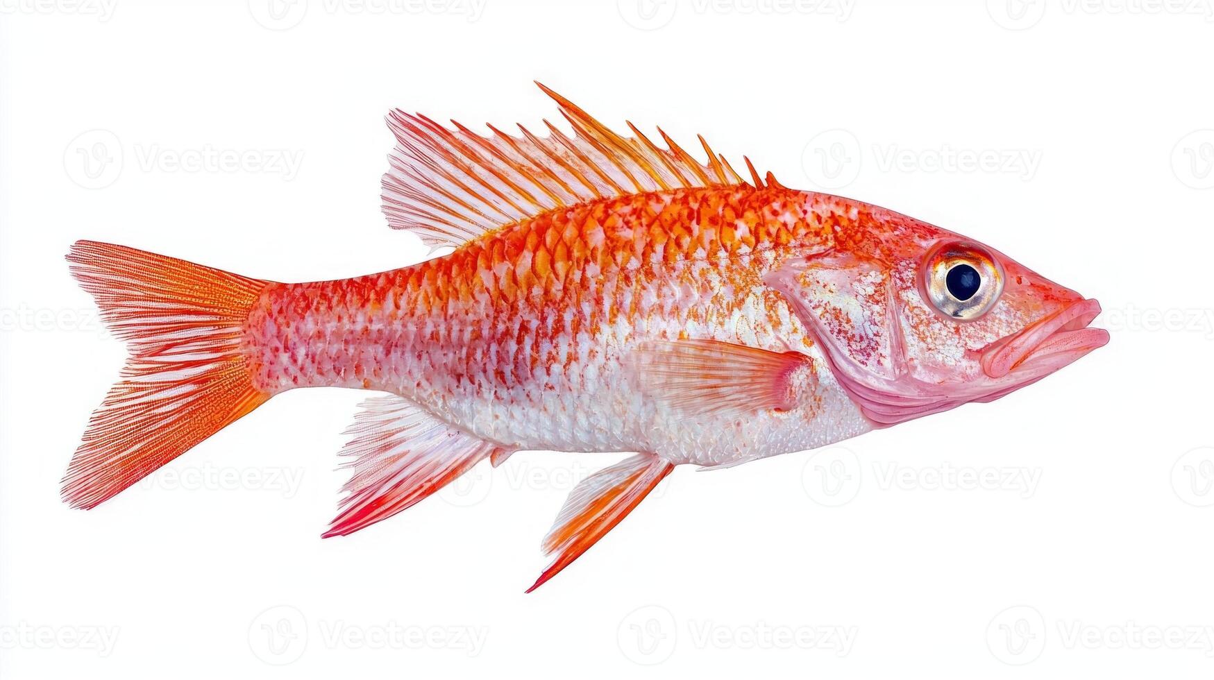 red mullet scientifically known as Mullus barbatus displays its striking coloration and distinct physical features against a white background emphasizing its marine beauty. photo