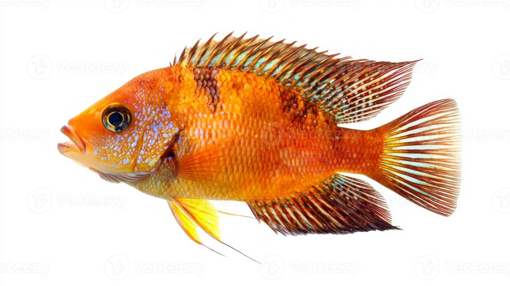 Red Terror Cichlid displays its vivid orange and blue hues swimming gracefully against a stark white background highlighting its unique features and pattern. photo