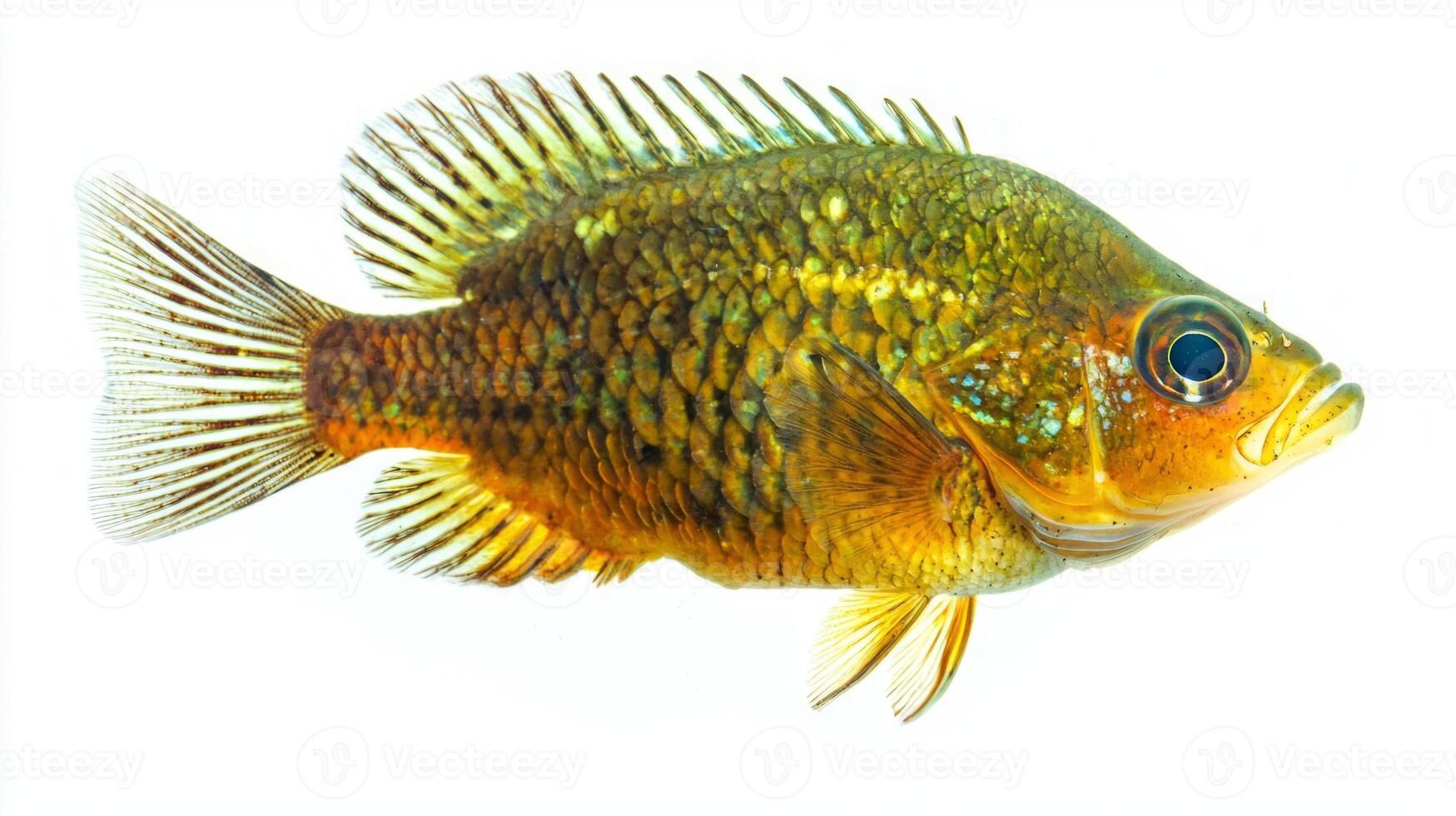Redear Sunfish swims gracefully against a clean white backdrop highlighting its distinct colors and patterns. This freshwater fish is known for its unique features in aquatic habitats. photo