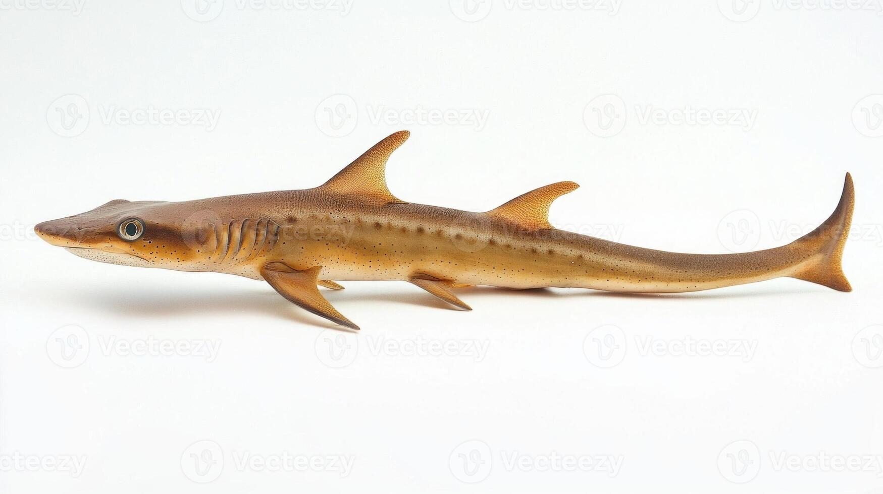 sawshark belonging to the Pristiophoridae family displays its distinctive elongated body and saw like snout while set against a white backdrop highlighting its remarkable adaptations. photo