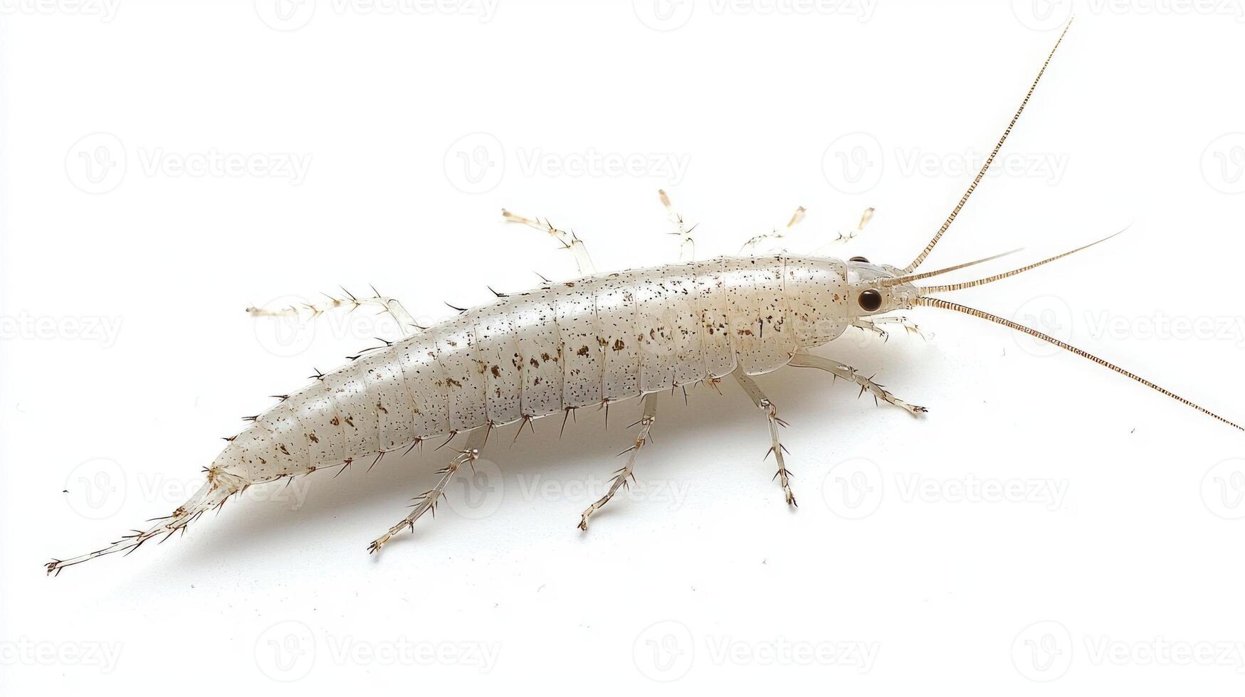 Silverfish a member of the Argentiniformes displays its slender elongated body and distinct antennae against a clean white backdrop highlighting its unique morphology. photo