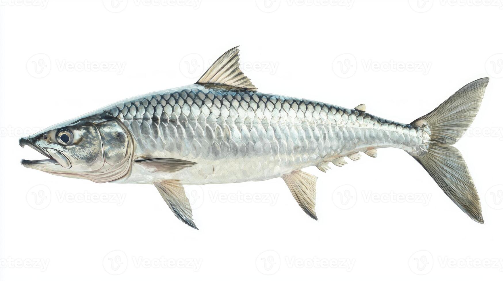representation highlights a Tarpon Megalops atlanticus in vivid detail focusing on its streamlined body and unique coloration. The fish is set against a plain white background. photo