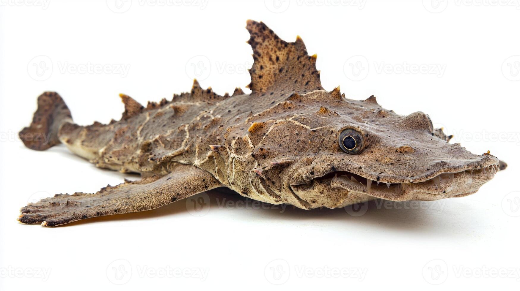 Wobbegong Shark known for its distinct flat body and intricate patterns is captured against a white background highlighting its unique adaptations. photo