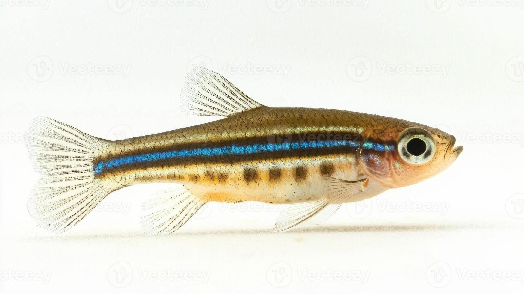 Zebra Danio is swimming elegantly and displaying its striking horizontal stripes against a clean white background highlighting its unique features and vibrant colors. photo