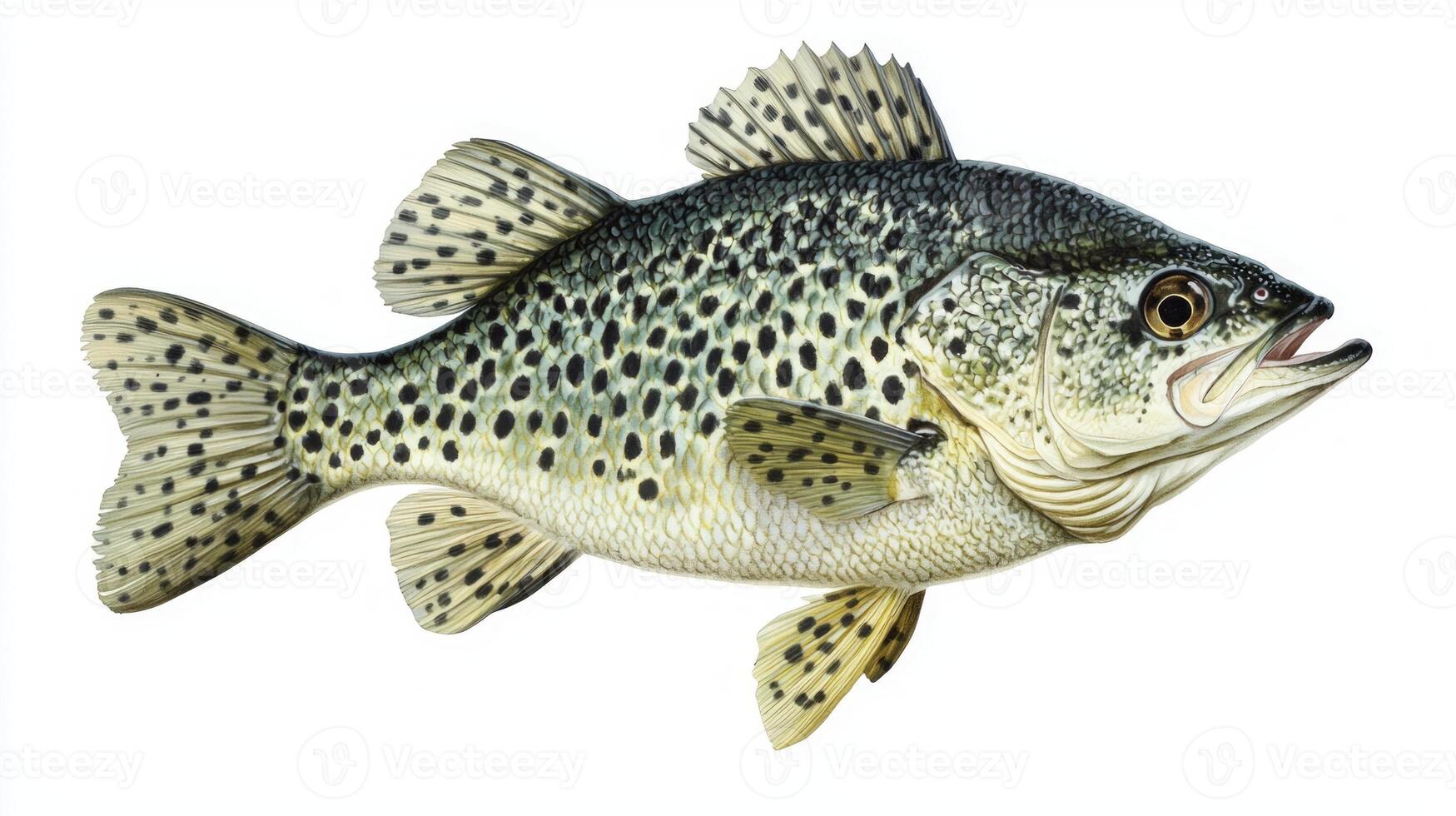 Black Crappie showcases its beautiful spotted body gliding peacefully in a vivid display of aquatic life highlighting its unique features and texture. photo