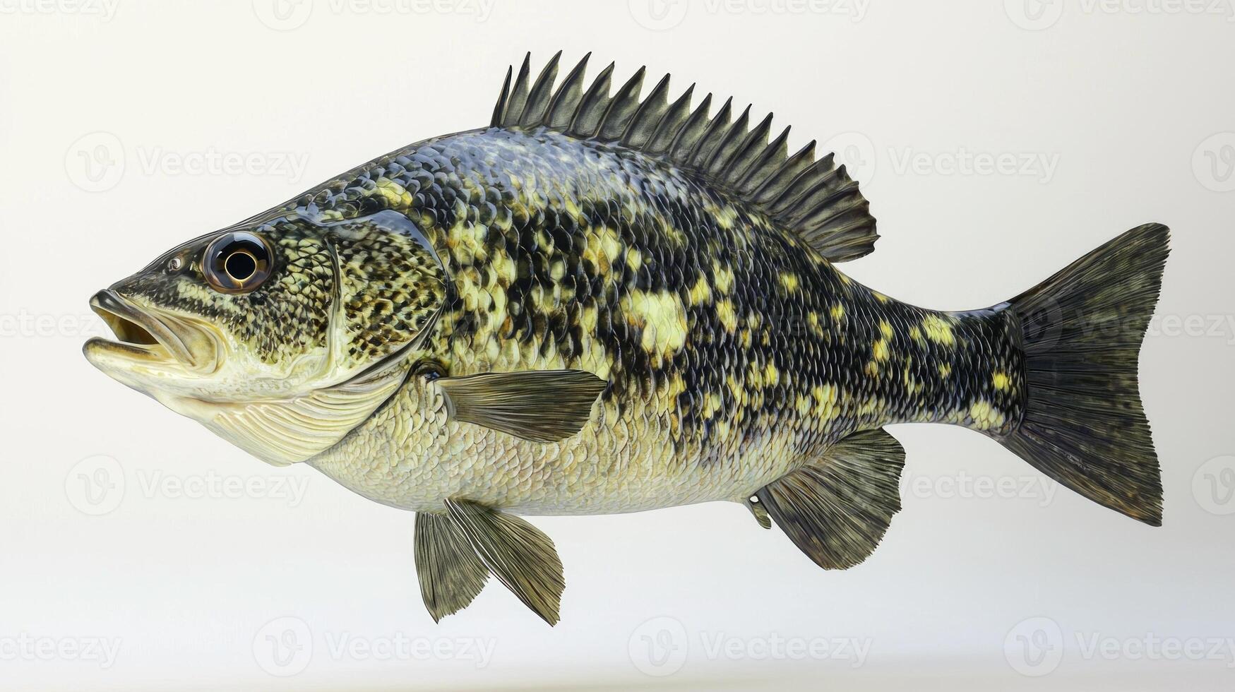artwork features a Black Crappie showcasing its distinct coloration and features against a stark white background highlighting the fishs unique characteristics. photo