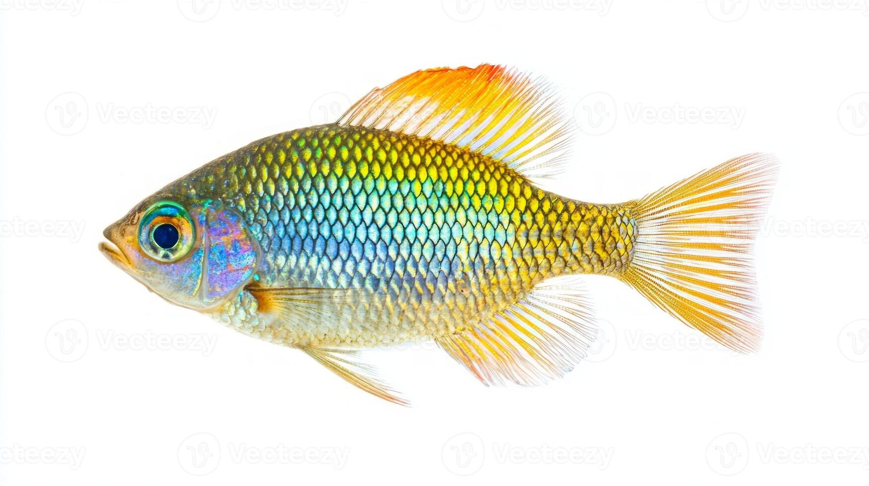 Boesemani Rainbowfish displays a stunning array of colors featuring iridescent scales and delicate fins creating a striking contrast on a white backdrop. photo