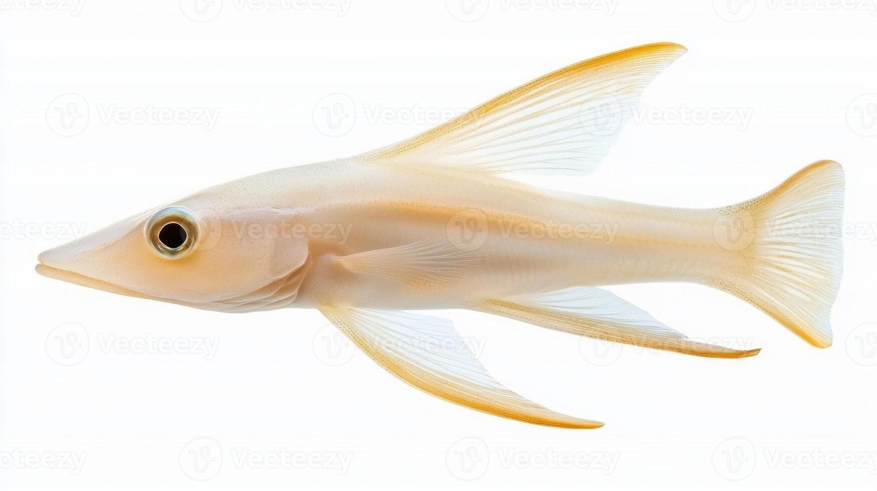 Ghost Knife Fish glides through clear waters showcasing its elegant elongated body and delicate fins emphasizing its striking translucency and unique features. photo