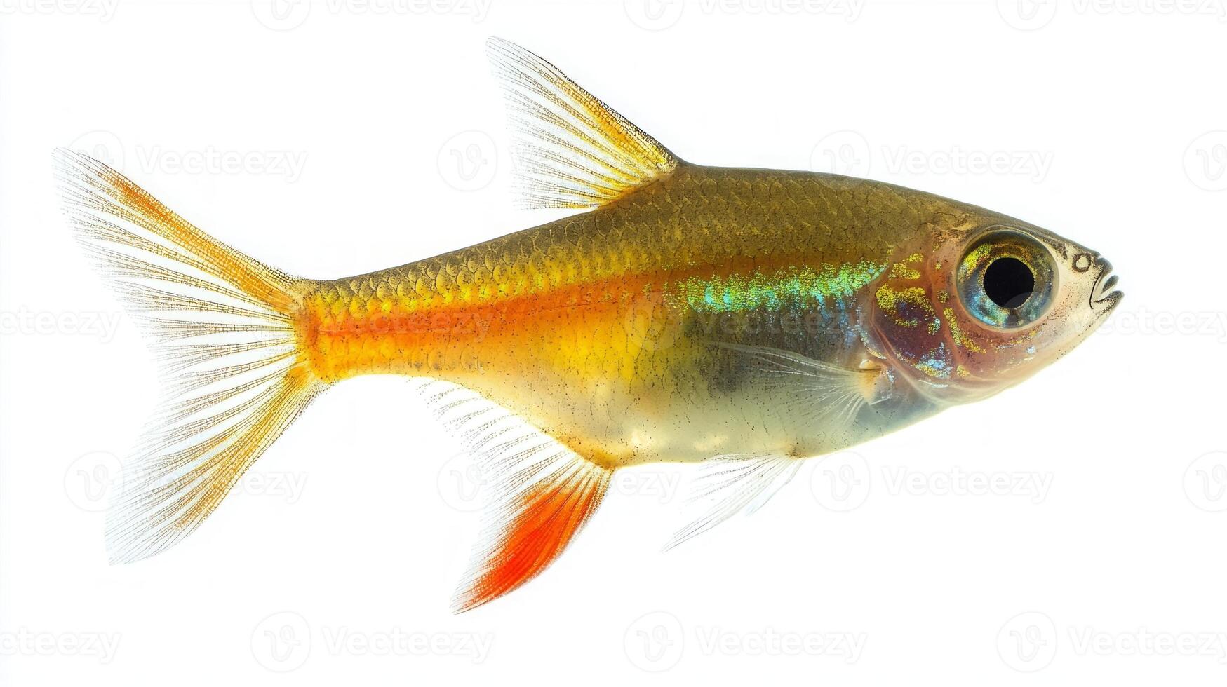 Glowlight Tetra glides effortlessly through clear water displaying its striking golden and silver hues while highlighting its delicate fins and eyes. photo