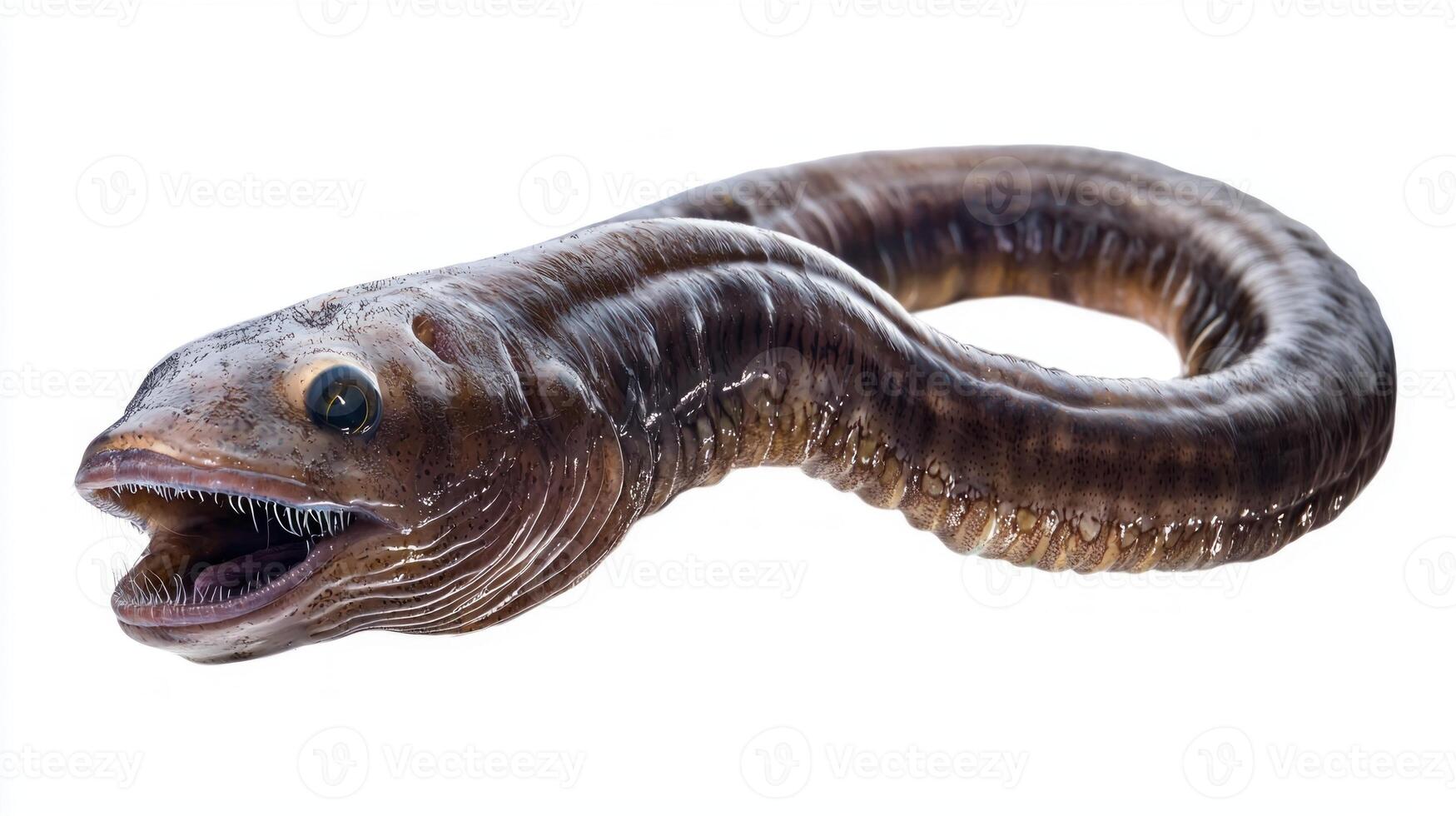 hagfish a fascinating marine creature displays its eel like form with distinctive features against a plain white backdrop. Its unique anatomy is highlighted effectively. photo