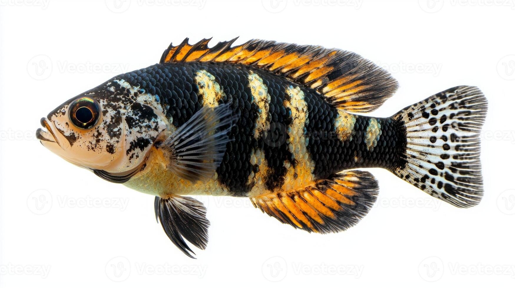 stunning Rocio octofasciata displays vibrant colors and intricate patterns against a clean white backdrop highlighting its beauty in aquatic life. photo