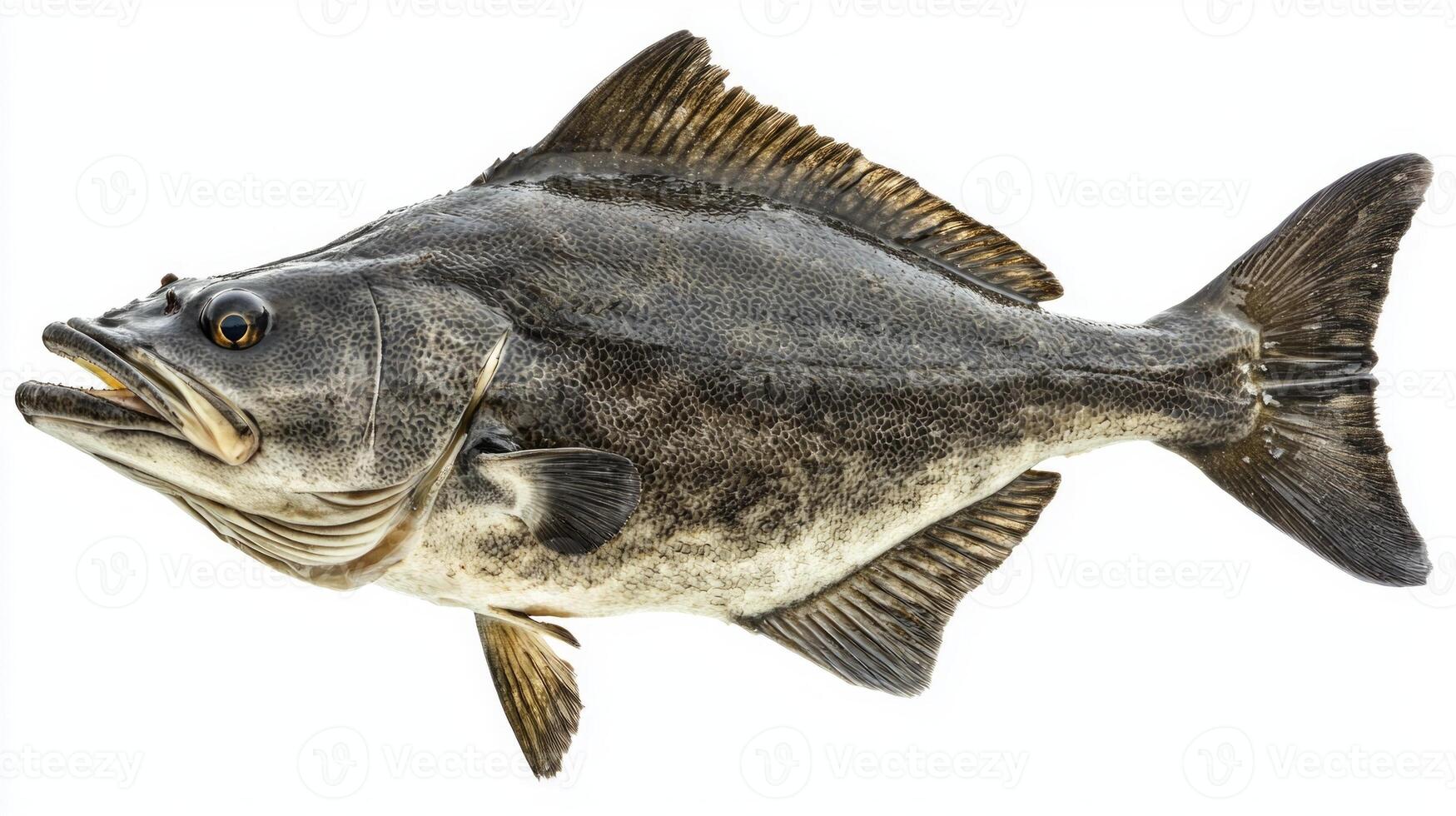 depiction showcases a Halibut prominently illustrating its unique features. The fish is centered against a clean white backdrop enhancing its natural colors and textures. photo