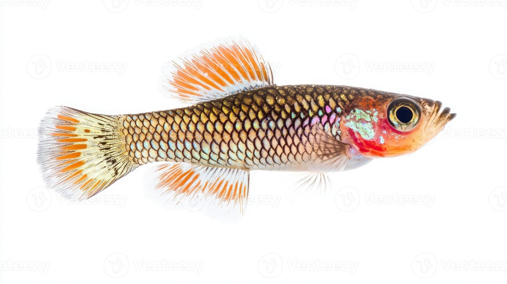 beautifully detailed killifish is positioned against a plain white background highlighting its vibrant colors and intricate scale patterns. This striking fish specimen showcases natures artistry. photo