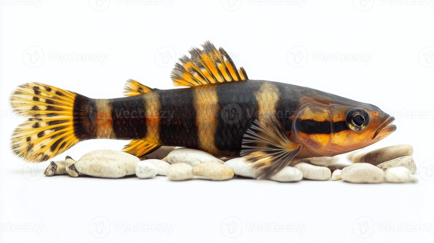 Kuhli Loach Pangio kuhlii showcases vibrant colors it glides gracefully over bed of smooth white stones highlighting unique patterns and playful demeanor in an aquarium. photo