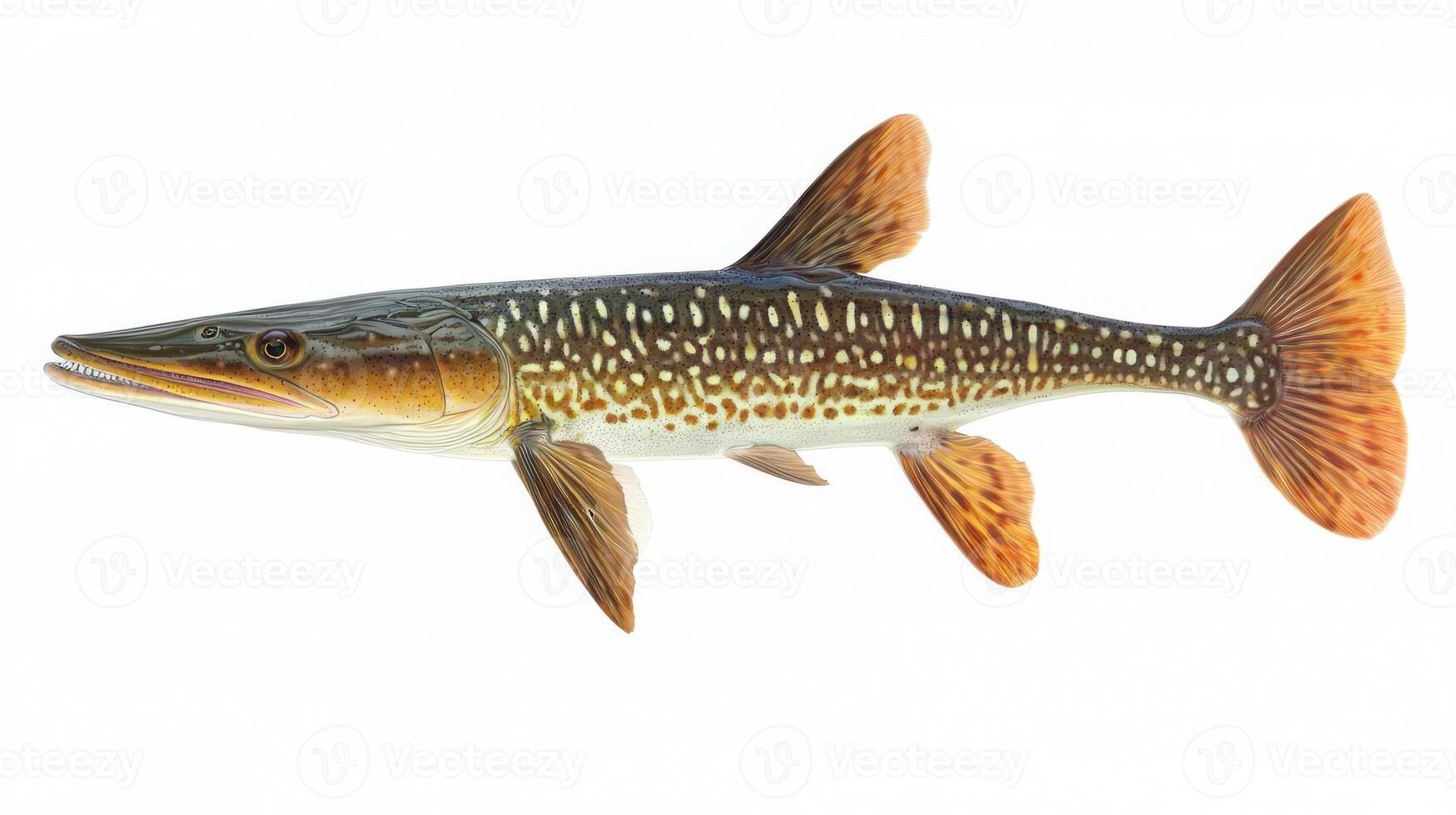 Longnose Gar known for its elongated snout and distinctive scale patterns swims majestically in clear water showcasing its unique features against a neutral backdrop. photo