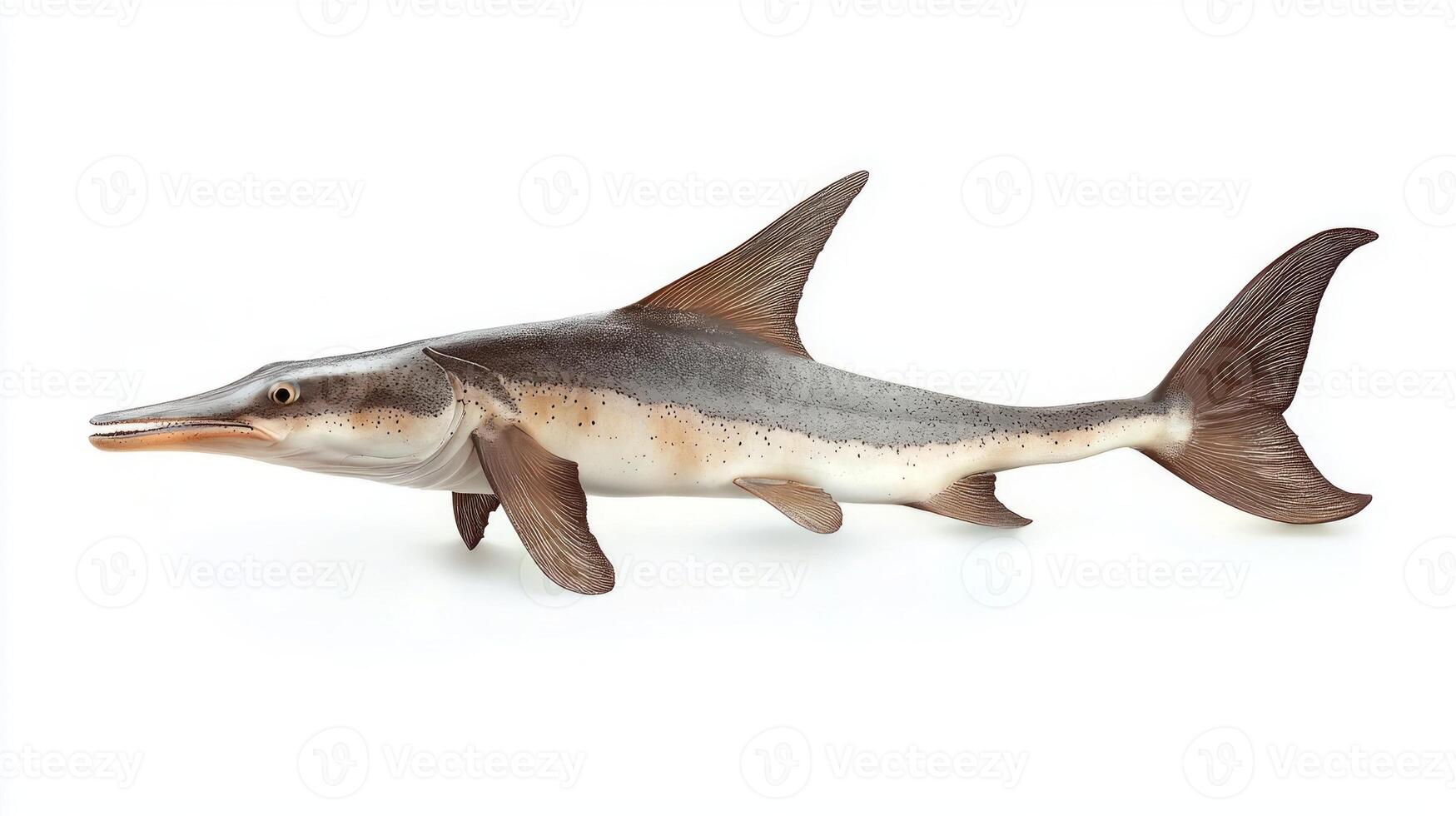 detailed representation showcases a Paddlefish gliding smoothly highlighting its unique features in a captivating presentation. The clarity adds depth to its form. photo