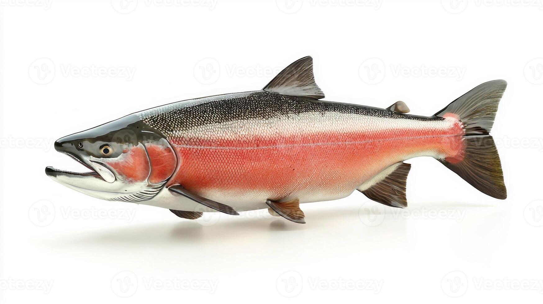 pink salmon displays vibrant hues of pink and silver highlighting its distinctive anatomy. The clean background emphasizes its natural beauty perfect for educational or culinary contexts. photo