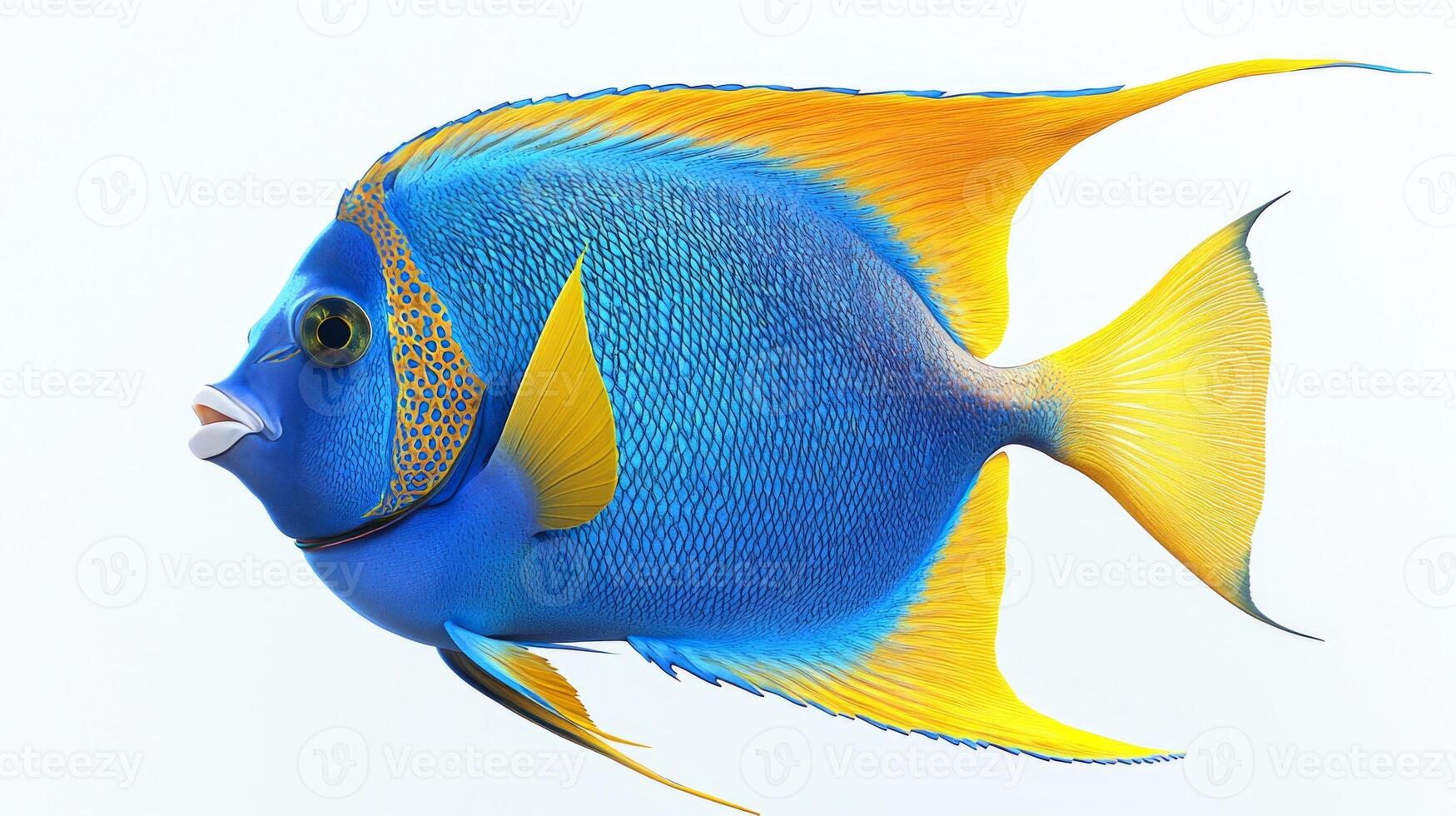 Queen Angelfish showcases its brilliant blue and yellow coloration while swimming in the ocean highlighting its intricate patterns and elegance. photo