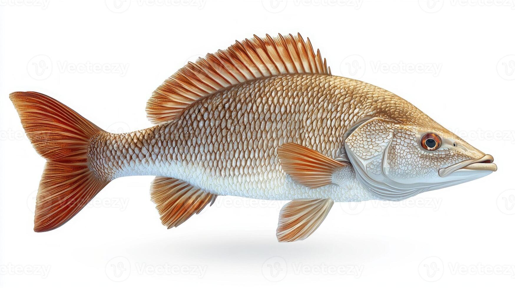 Red Drum exhibits vibrant colors and distinct features emphasizing the texture of its scales and fins on a clean white background showcasing its natural elegance. photo