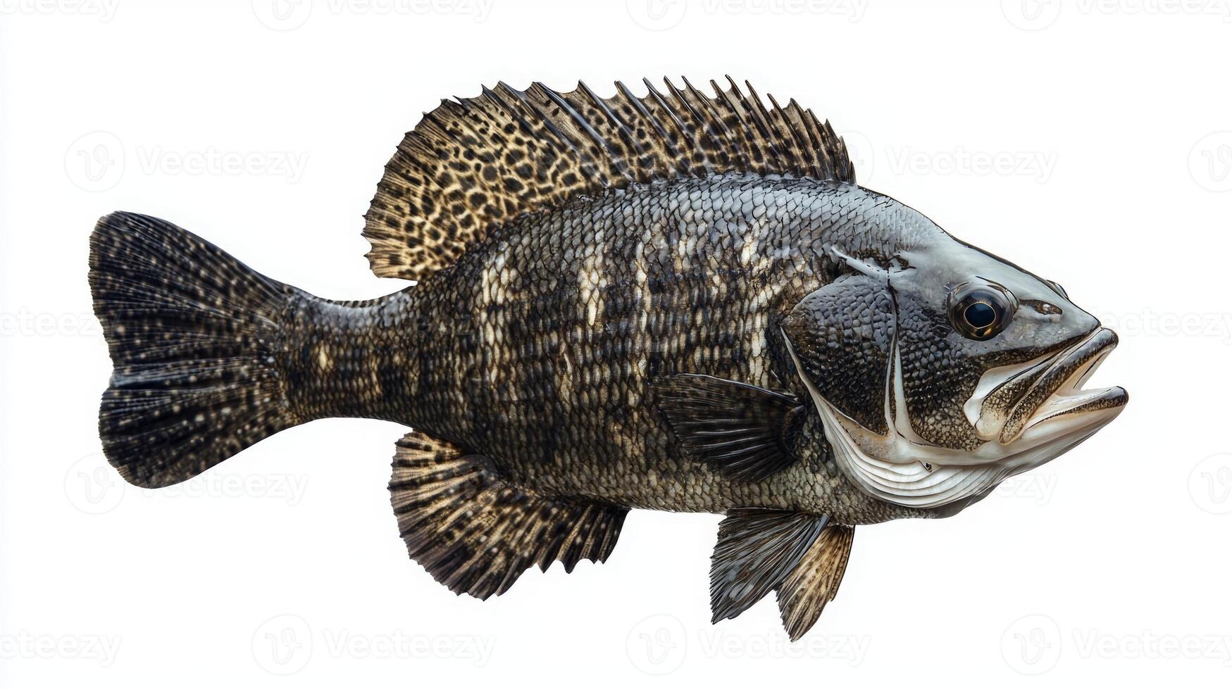 Tripletail fish displays a striking appearance with its unique shape and coloration against a clean white background. An example of marine biodiversity it exemplifies aquatic beauty. photo