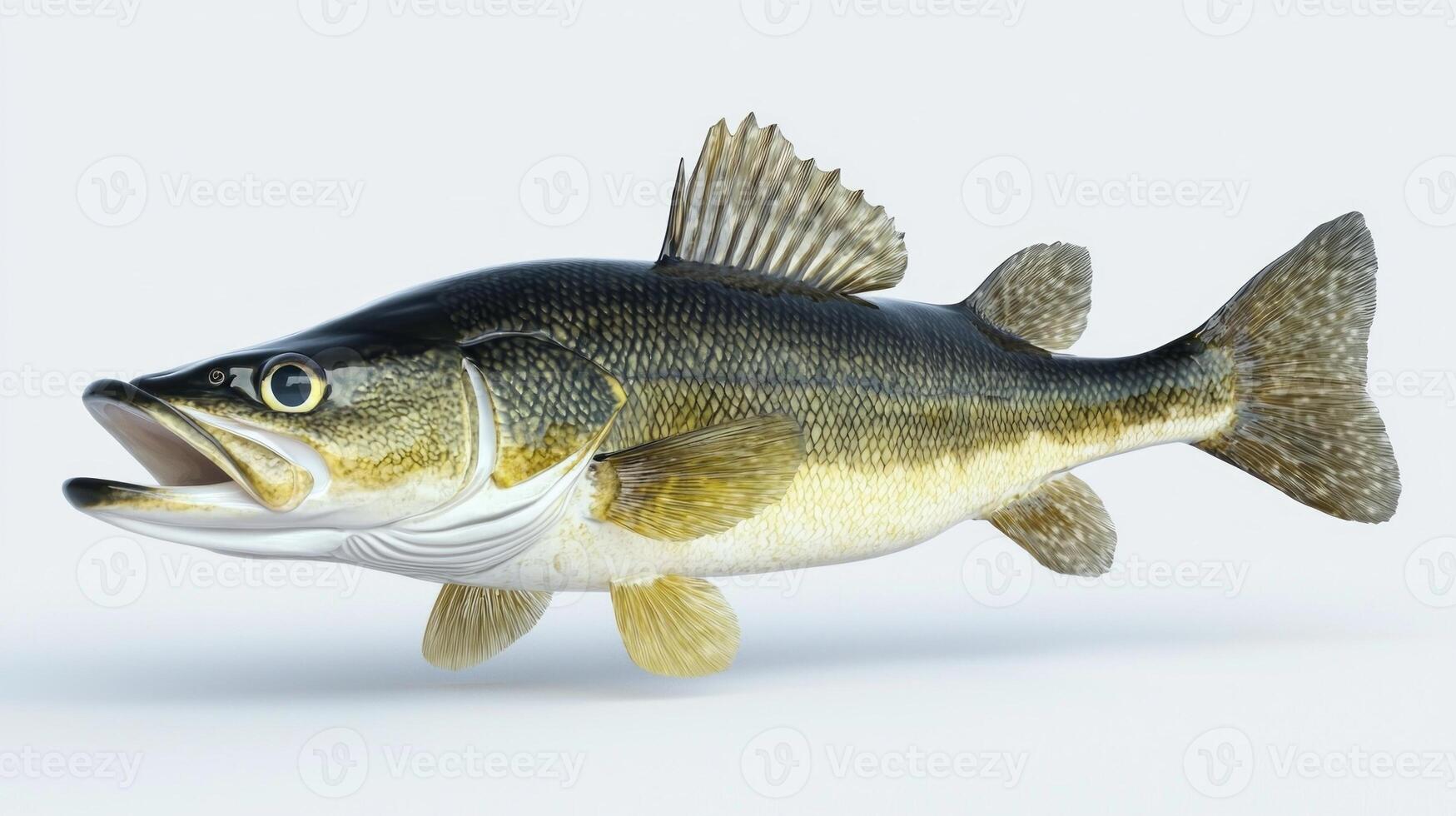 Walleye fish displays its intricate details including striking patterns and textures highlighting its natural beauty against a simple white backdrop. photo