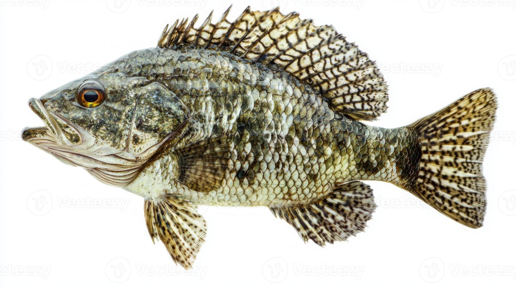 Tripletail fish known as Lobotes surinamensis is presented isolated on a white background highlighting its unique characteristics and textures in a realistic manner. photo