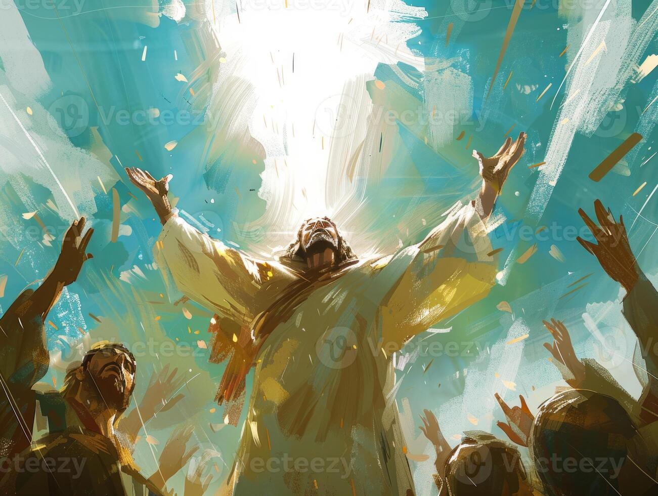 Jesus Christ ascends to the heavens, surrounded by disciples, radiating light and divine glory, capturing a moment of transformation and faith. photo