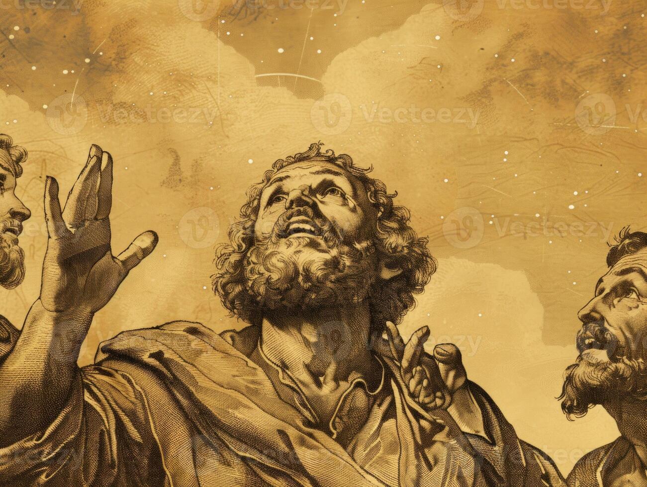 Disciples gaze upwards in wonder as Jesus ascends into the heavens, surrounded by a radiant aura against a cosmic backdrop. photo