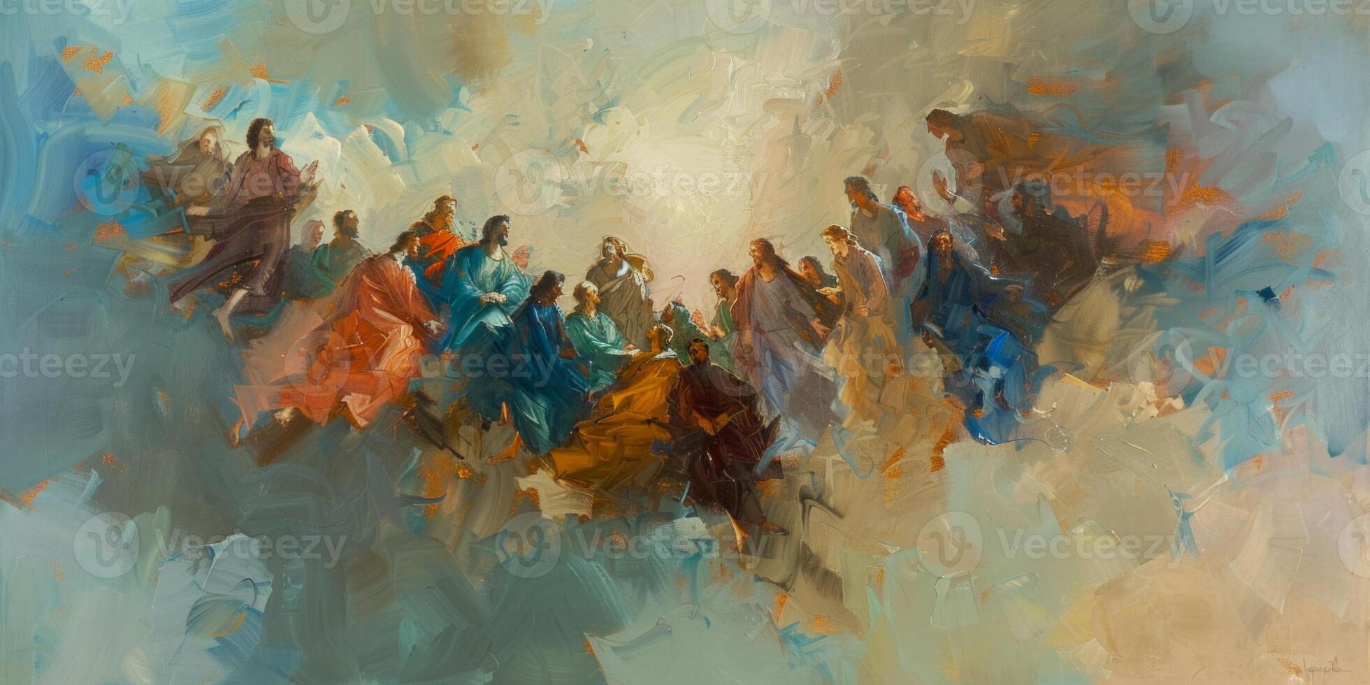 Jesus Christ ascends to the heavens, embraced by clouds, as his devoted disciples gather in awe and reverence witnessing the miraculous event. photo