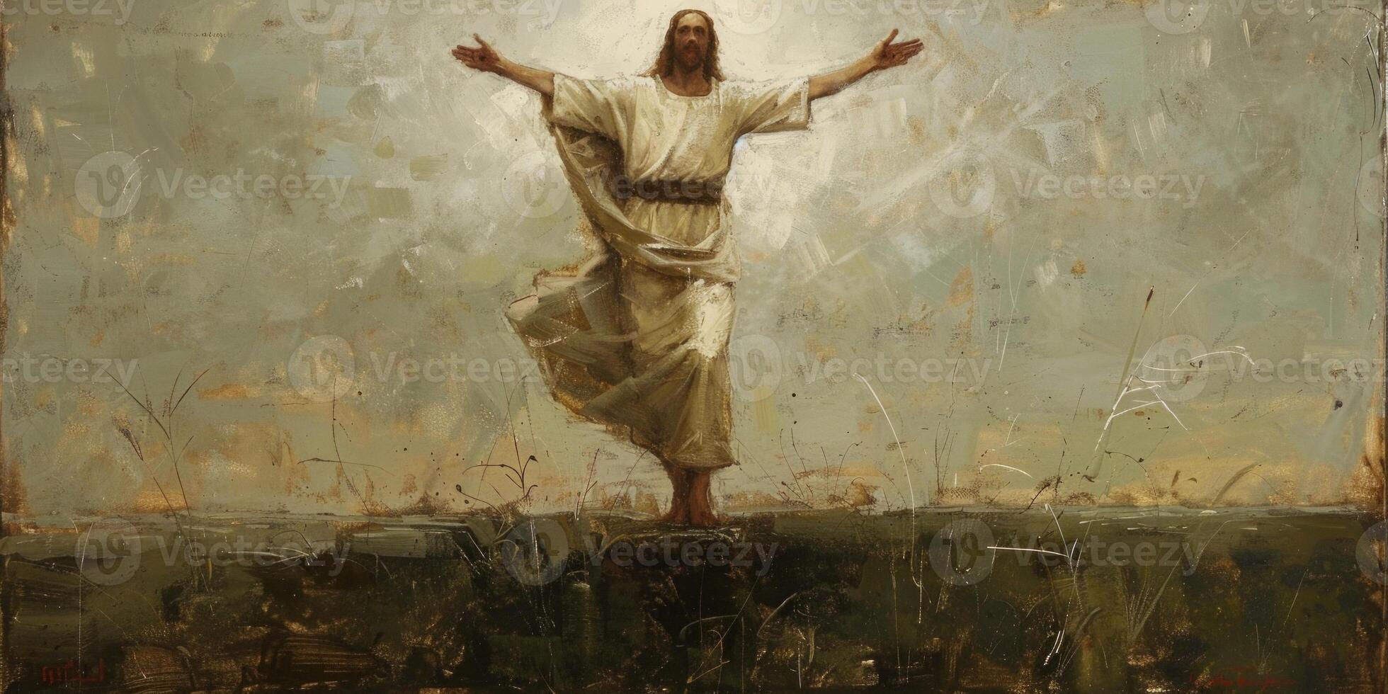 Christ rises triumphantly, arms outstretched, surrounded by soft light as the earth fades beneath Him, signifying His return to the heavens. photo