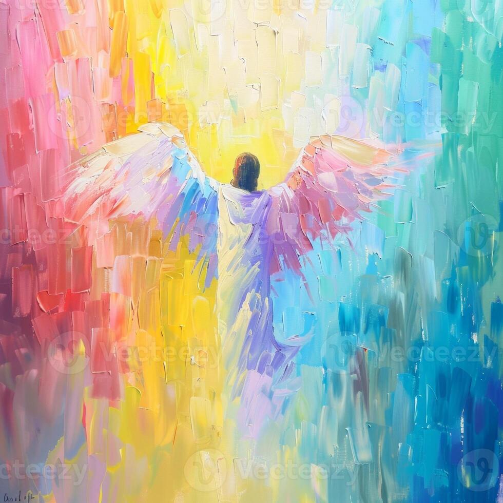 Jesus Christ ascends amidst a vibrant explosion of color, embodying the hope and joy of the resurrection as he reaches for the heavens. photo