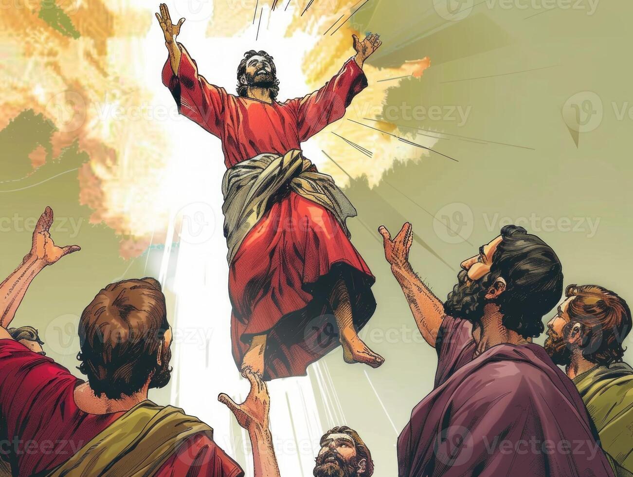 Jesus Christ rises into the heavens, surrounded by brilliance, as his disciples gaze in awe during this transformative moment in history. photo