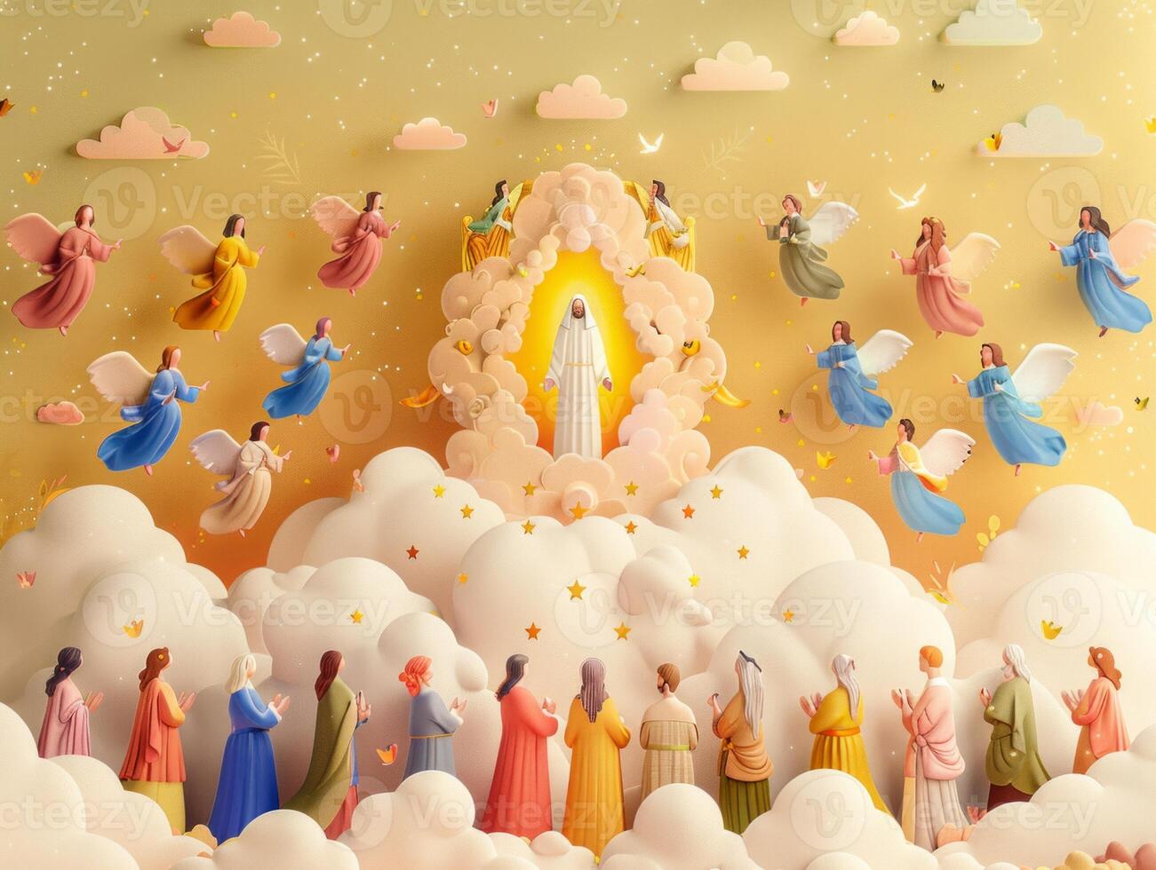 Heavenly clouds envelop Jesus as he ascends, flanked by angels and onlookers, radiating divine glory and tranquility. photo