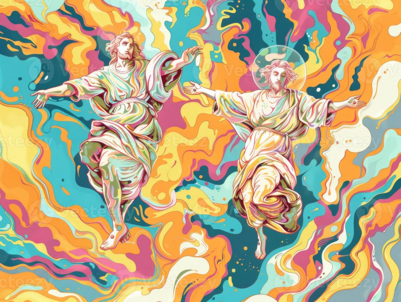 Jesus Christ ascends to the heavens, surrounded by dynamic colors and swirling patterns, symbolizing spiritual elevation and divine glory. photo
