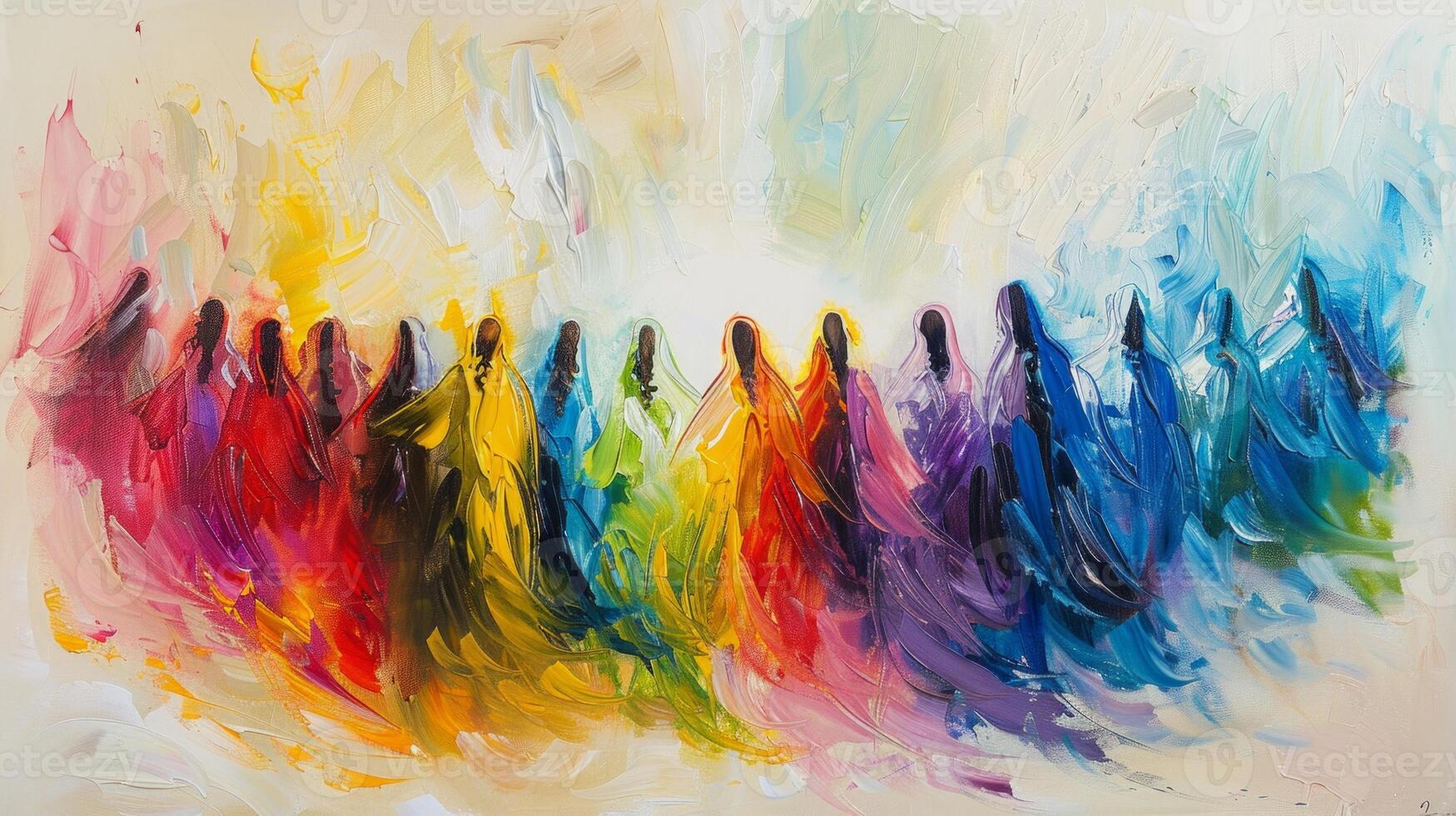 Jesus Christ ascends into the heavens, accompanied by a vibrant assembly of figures celebrating this holy event in a colorful celestial setting. photo