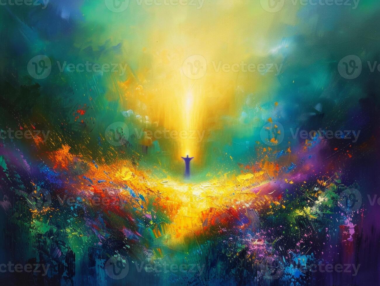 A vibrant portrayal of Jesus Christ ascending into the heavens, surrounded by brilliant colors and a sense of divine energy illuminating the scene. photo