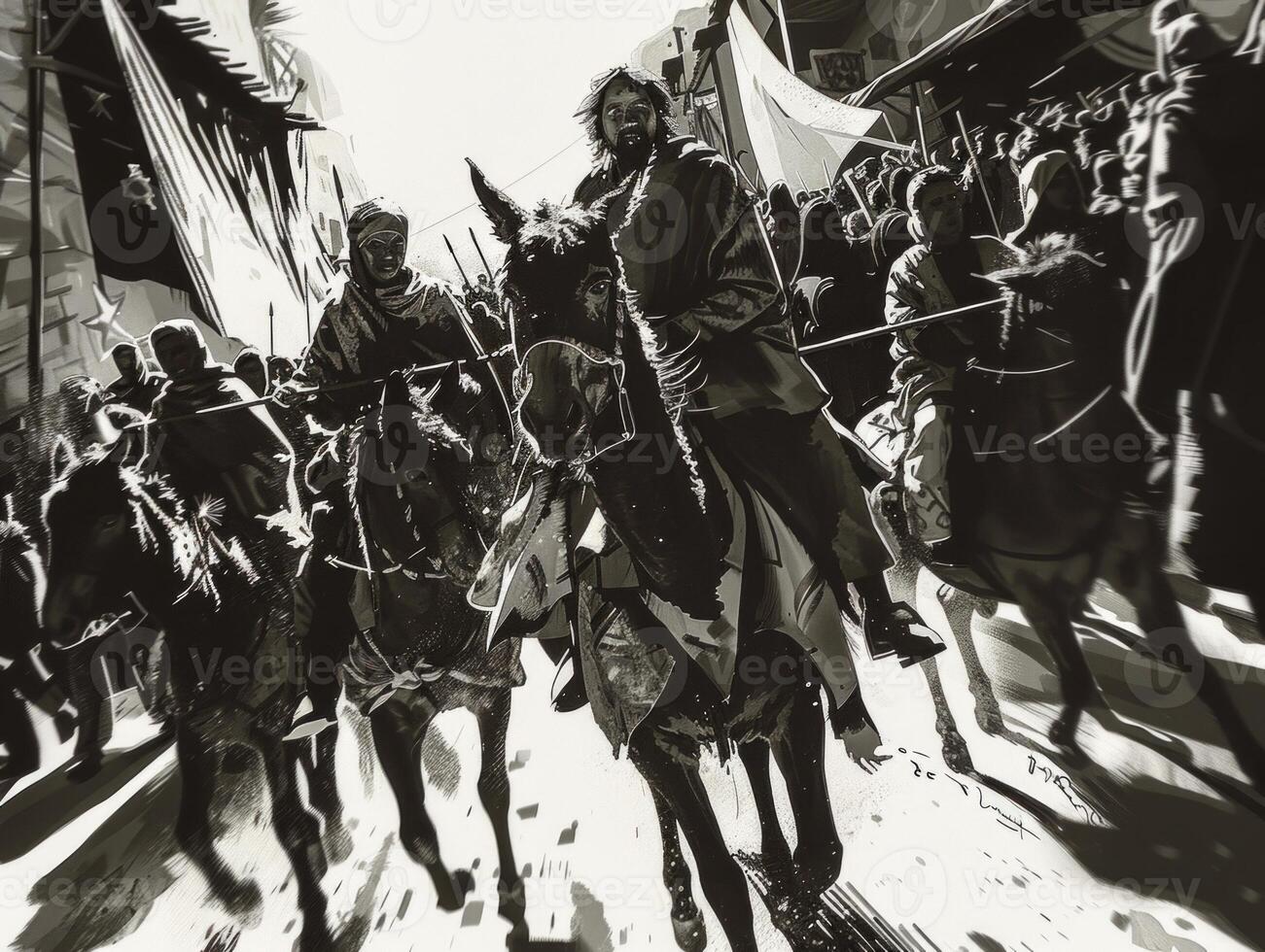 crowd celebrates as Jesus rides a donkey into Jerusalem creating a festive atmosphere filled with excitement and anticipation among the people surrounding him. photo
