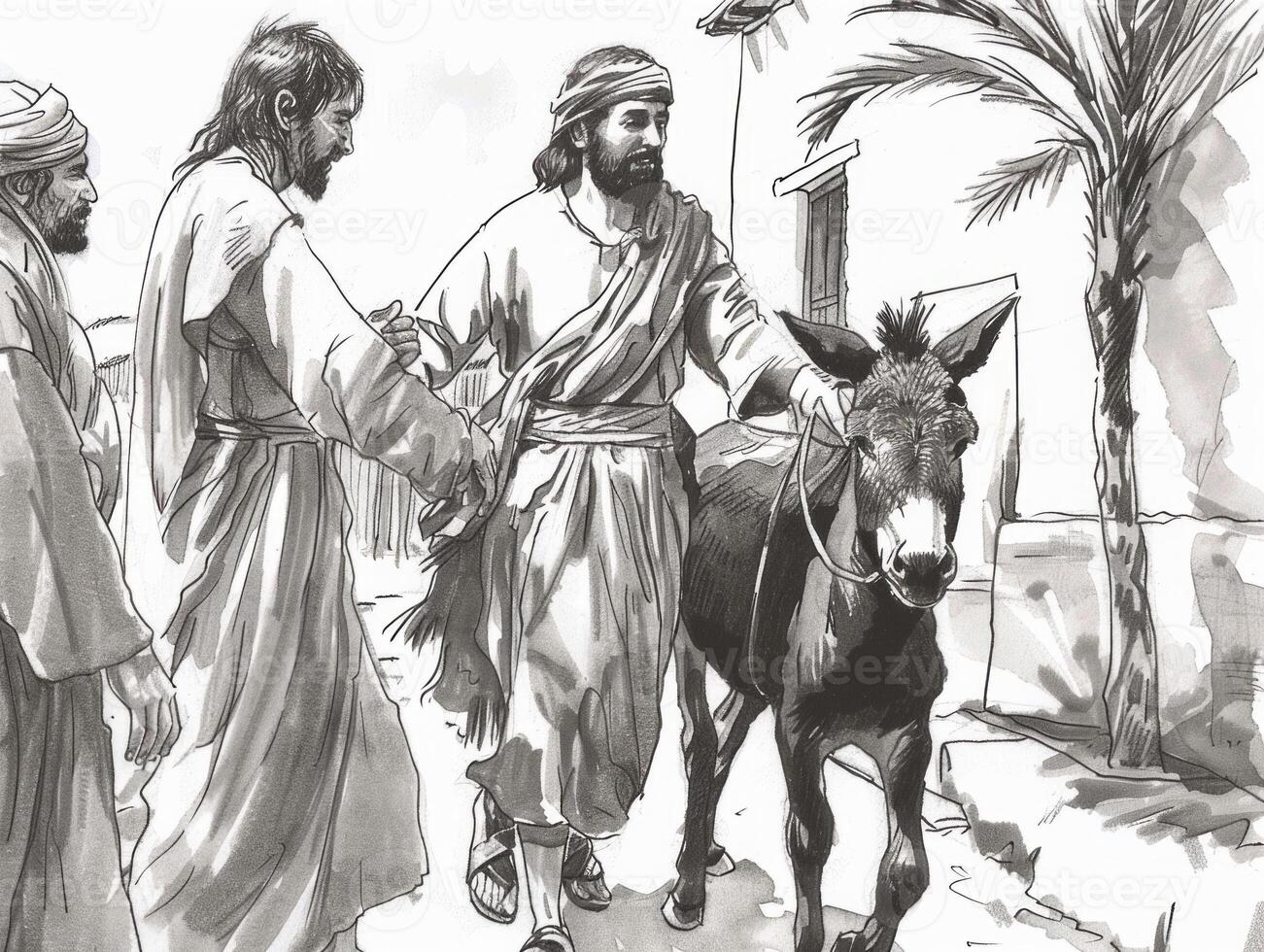 significant moment unfolds Jesus rides a donkey into Jerusalem surrounded by followers and onlookers marking the beginning of the final week of His earthly ministry. photo