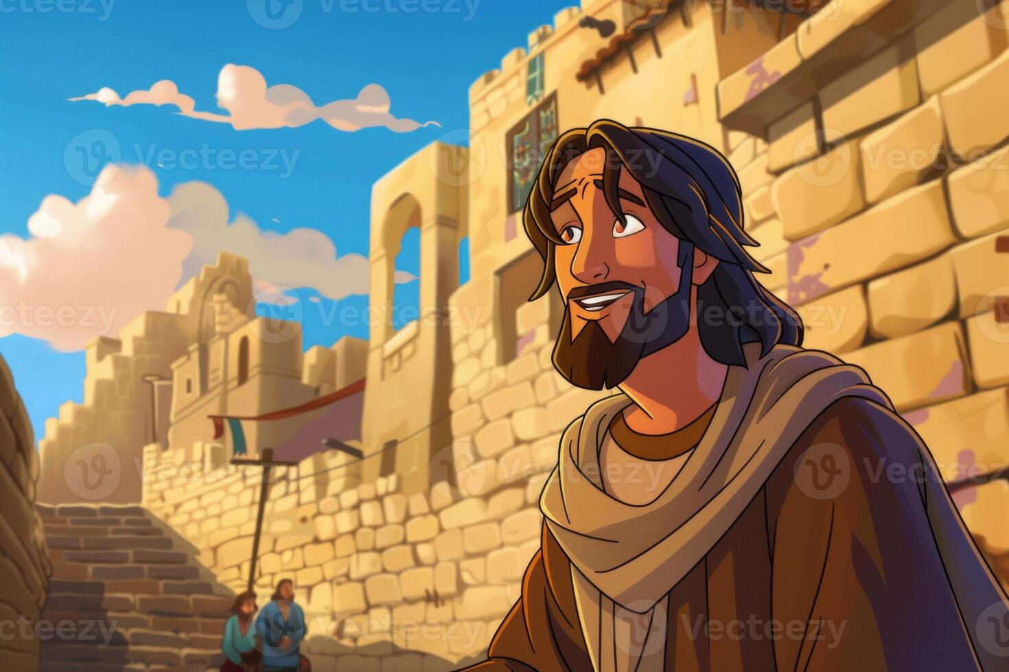 During Jesus entry into Jerusalem people gather celebrate with joy He approaches on a donkey showcasing their excitement and welcoming spirit amidst ancient stone architecture. photo