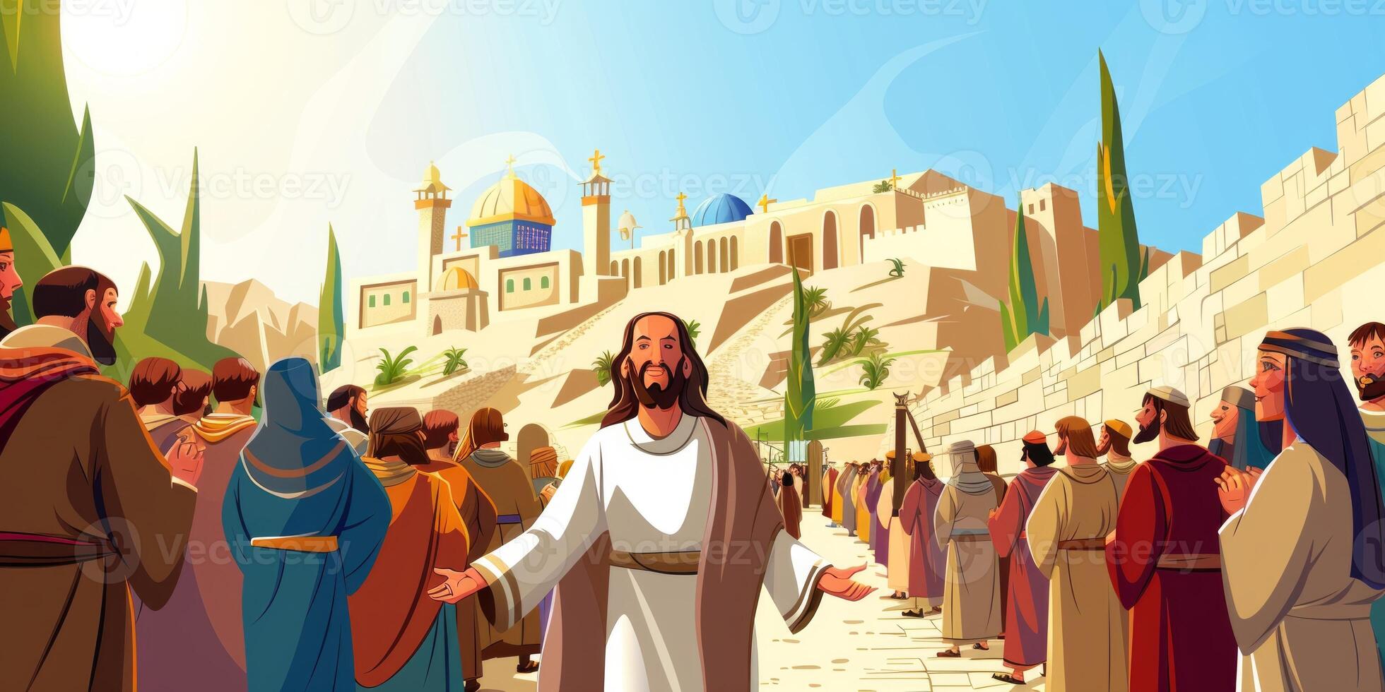 crowd gathers in Jerusalem as Jesus rides in triumph celebrating his arrival. People wave palm branches expressing joy and reverence during this significant event. photo