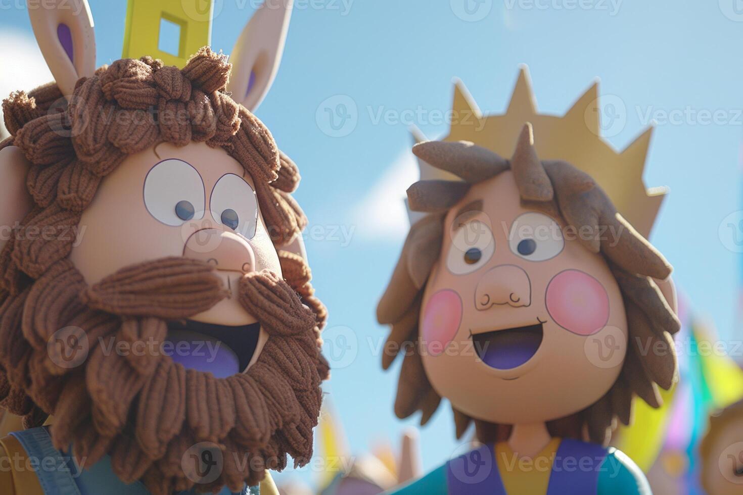Colorful characters representing the joyful atmosphere of Jesuss entry into Jerusalem greet crowds during a festive celebration. The event captures excitement and cheer. photo