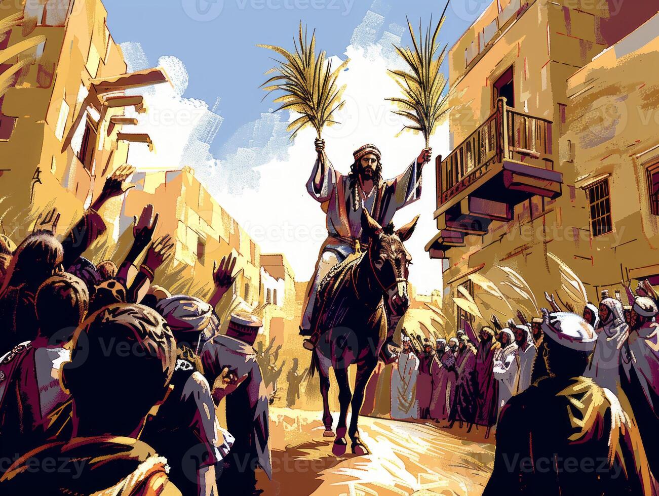 crowd gathers in excitement as Jesus rides a donkey into Jerusalem holding palm branches. The atmosphere is festive marking the Passover celebration filled with joy and anticipation. photo