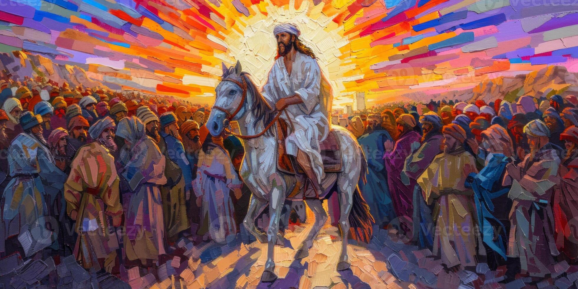 depiction Jesus riding white horse into Jerusalem as a large enthusiastic crowd gathers around him celebrating the arrival amidst vibrant colors and expressions of joy. photo