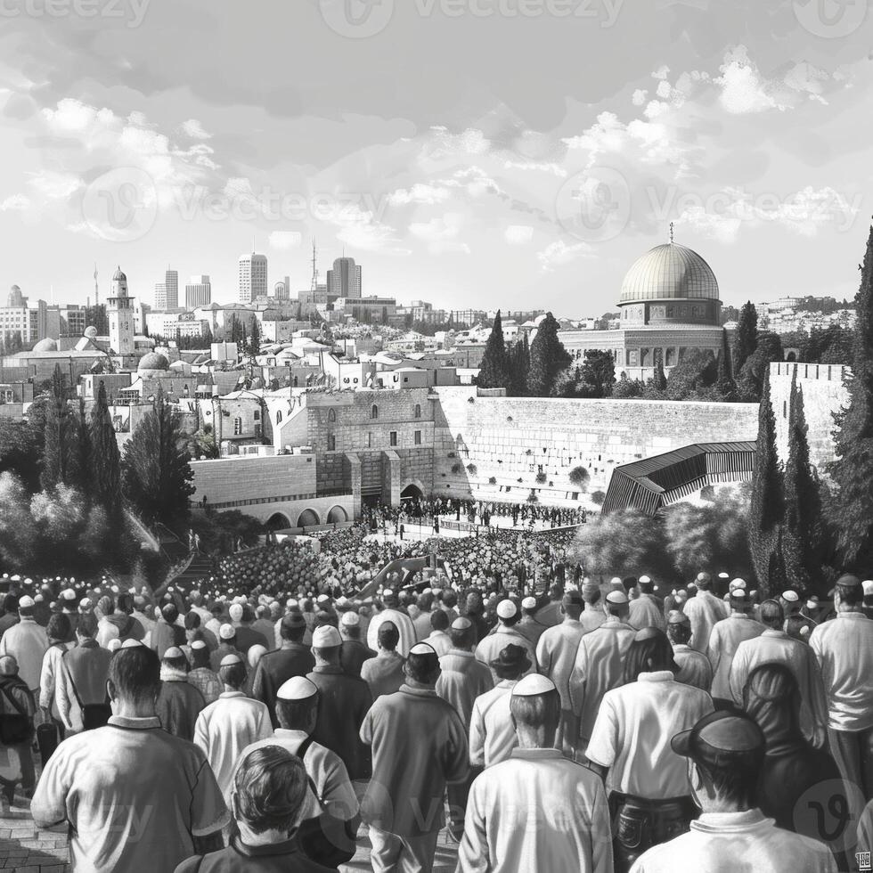 large crowd is gathered in Jerusalem witnessing the transformative moment of Jesus entering the city amid historical architecture and a lively atmosphere. photo