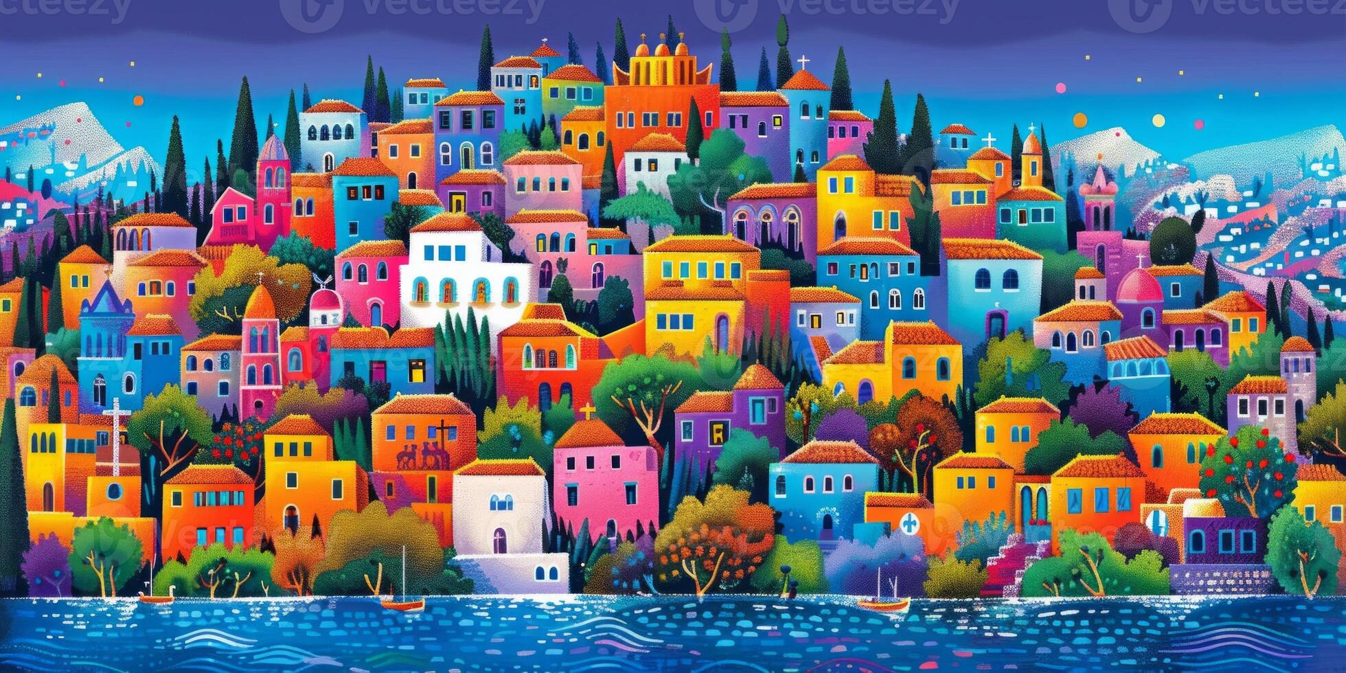 artwork showcases lively portrayal Jesus entering Jerusalem surrounded by colorful houses and joyful crowds along the hills capturing the festive ambiance of the moment. photo